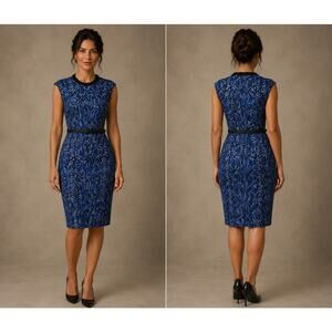Cache Stretch Dress Lined Removable Belt Blue Black Reptile Print $168 NWT XS